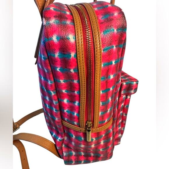 Tory Burch multicolor printed backpack with tan leather trim, top handle bag. main image 12